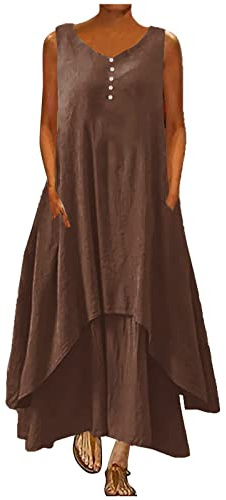 Maxi Dresses Women Cotton Linen Casual Oversized Tunic Dress Sleeveless Vest Sundress with Pocket Boho Beach Long Dress A-line Solid Color Dress Baggy Summer Sundresses Plus Size 22 Coffee