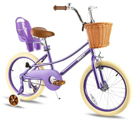 RULLY Bicicleta Donna de 20 pulgadas para niños de 7 a 13 años y niñas, 20 pulgadas, con soporte y cesta, estilo retro en color lila