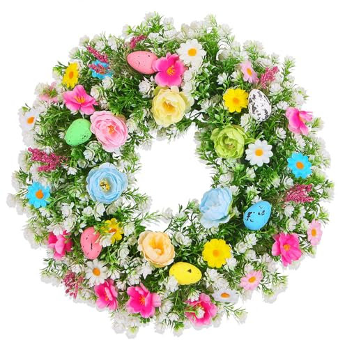 Belupai Osterkranz für die Haustür, 54,9 cm, Künstlicher Bunter Blumenkranz mit Pastell-Eiern, Ostereier-Kranz, Girlande, Frühlings-Willkommensschild für Wandfenster, Party,