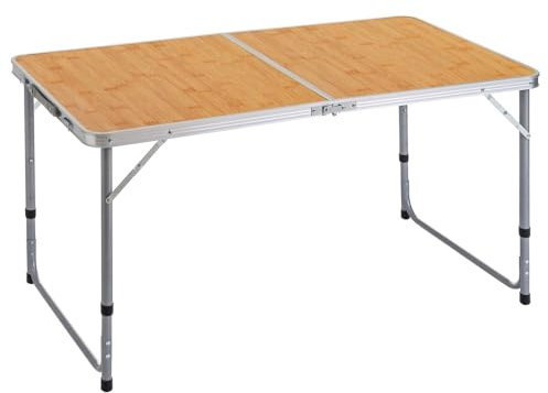 Mesa Plegable Camping y Playa 120x60x70 cm,Altura Regulable 50-60-70 cm Mesa Picnic portátil con asa Transporte, Patas Plegables Acero, Tablero MDF Aspecto Madera Nogal, marrón, antivuelco y compacta