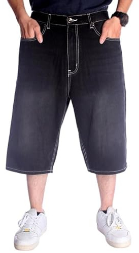 OHERUWKLS Baggy Jean Shorts Loose Fit Gamba Larga Y2K Lavato Pantaloni Casuali di Grandi Dimensioni degli Uomini,Nero,5XL