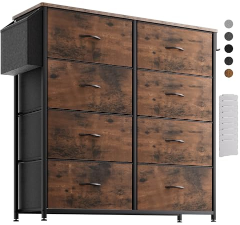 PURFINO Fabric Chest of Drawers - Canvas Storage Unit with 8 Large Drawers, Label Cards, Side Pocket & Hook for Living Room, Hallway, Bedroom