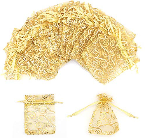 STARUBY Lot de 100 sachets en organza, 8x10cm sachet organza pochette cadeau, sacs à cordon pour Bijoux, imprimés en rotin pour mariages, faveurs de fête, cadeaux de Noël, sacs à bonbons