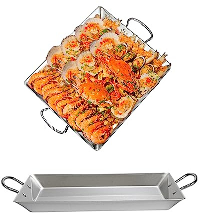EOTRERANQ Paellera de fondo plano de acero inoxidable 41,5/45/48,3 cm Paella española Plato de pescado al horno Bandeja de mariscos con asas dobles remachadas Fuente for servir Utensilios de cocina fo