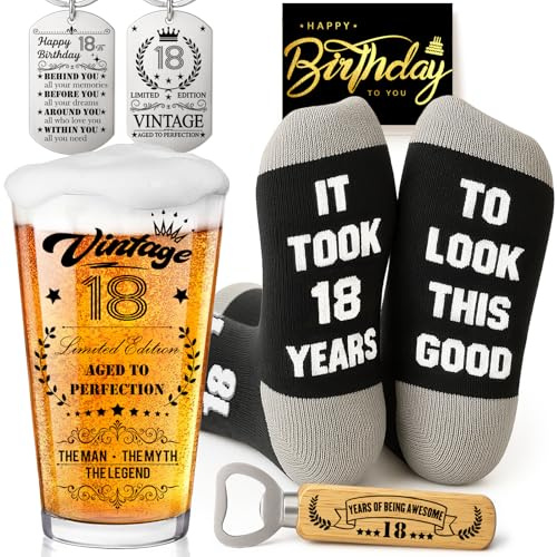 Joybble 18th Birthday Gifts for Boys, Birthday Decorations Vintage 18th Beer Glass Set for Boys, 16oz Personalised Gift Beer Glasses Gift Ideas, Funny Socks & Keychain & Bottle Opener for Him