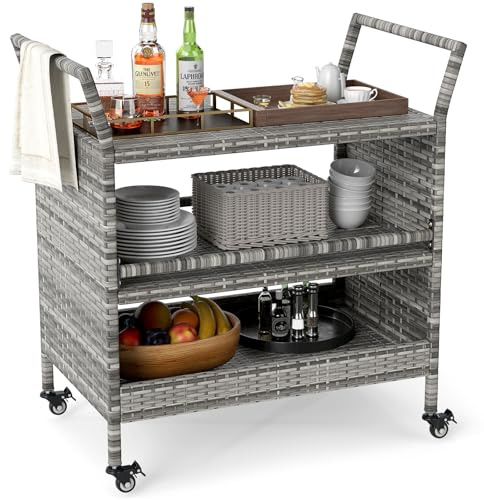COSTWAY Outdoor Rattan Bar Cart, 3-Tier Rolling Serving Cart with 4 Lockable Universal Wheels & 2 Side Handles, Indoor Outdoor Wicker Liquor Beverage Drink Trolley for Kitchen Garden Patio (Mix Grey)