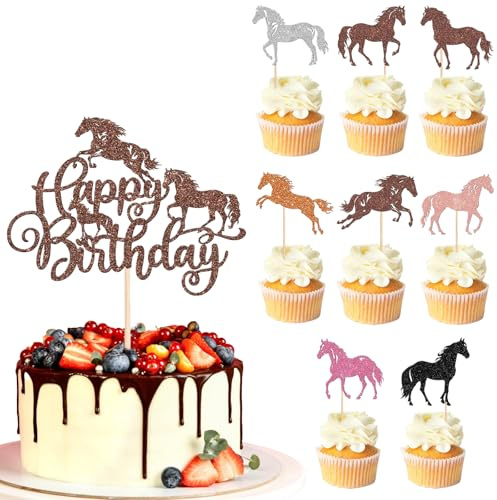 Ovanda Happy birthday Pferde Tortendeko, Pferde Cupcake Toppers, Deko Pferde Kindergeburtstag für Babyparty Kindergeburtstag Party, Pferd Thema Party Deko, Geburtstagsfeiern zum Thema Pferderennen