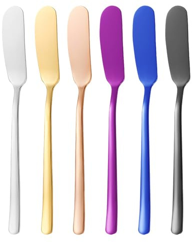 Stainless Steel Butter Knife Spreader 6 Pcs, Smooth Edge Butter Knives for Jam, Honey, Butter, Cream Cheese, Ergonomic Handle for Easy Spreading on Toast, Sandwiches, Pastries(six colors, 6pcs)