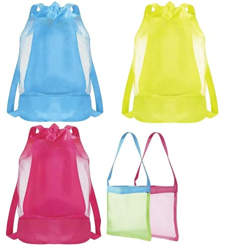 Sandspielzeug Tasche Set 5-teilig, schnell trocknender Netz-Rucksack für Kinder, große und kleine Strandtaschen, faltbar, leicht, ideal für Strand, Urlaub, Schwimmbad und Outdoor-Aktivitäten