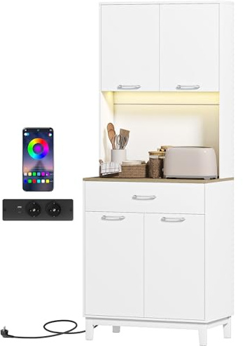 HOMCOM Credenza Cucina Mobile Dispensa con Luci LED 71x40x180 cm Bianco