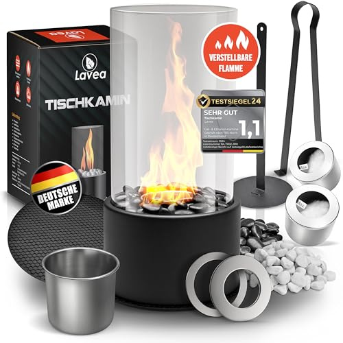 LAVEA Tischkamin Indoor & Outdoor | Tischfeuer Mit Einstellbarer Brenndauer & Unendlichen Flammenspiel | Premium Kamin mit Zwei Steinarten | Balkon Gartendeko Geschenkideen | Geprüft & Zertifiziert