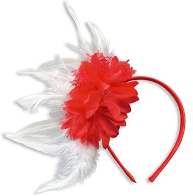 Haarreif Fasching Damen,Köln Karneval Kostüm Accessoires Haarreifen Rot Weiß Kopfschmuck Fascinator Feder Haarschmuck,Weiss Federn Roter Blume Stirnband 1920er Kopfbedeckung,für Cocktail Hochzeit