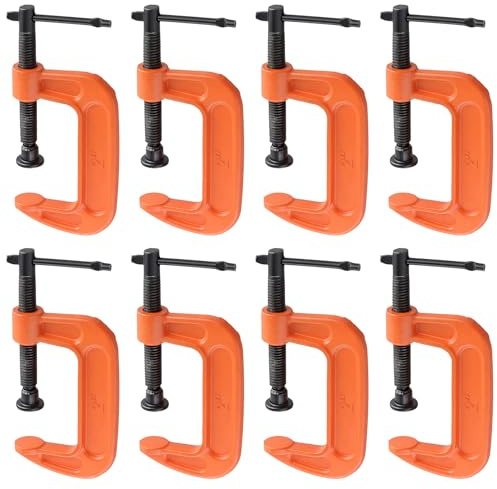 LEXININ 8 Pcs 2 Inch Mini G Clamp, Jaw Opening 60mm Orange Small C Clamps for Woodworking Welding Building, Malleable Cast Iron