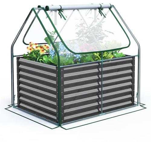 Quictent Orto RiAlzato in Metallo Galvanizzato con Copertura di Mini Serra, Fioriera 3 in 1 Grande per Giardini, Patios e Terrazze, 120x90x62cm