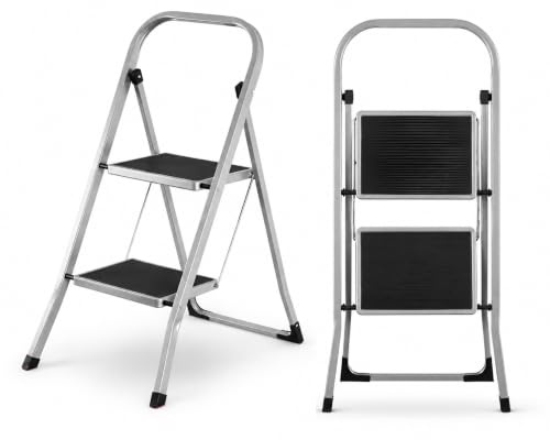 Straame 2 Step Ladder, Slimline Folding Step Ladder with Anti Slip Feet, 150 kg Capacity, Durable Steel Stepladder, Foldable Step Stool for Adults, Home Kitchen Garage Garden Caravan DIY Cleaning