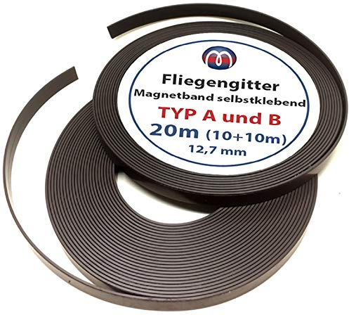 Fliegengitter Magnetband extra stark Set A und B je 10m Rolle - Magnetstreifen selbstklebend 12,7mm breit - Insektenschutz Magnet-Befestigung für Fenster ohne bohren für alle Moskito-Netz Fliegen-Netz