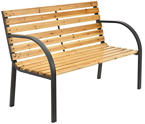 Juskys 2-Sitzer Gartenbank Modena mit Rücken- & Armlehnen, Bank wetterfest aus Holz & Stahl, 120x62x82 cm, Sitzbank klassisch für Garten, Balkon, Terrasse