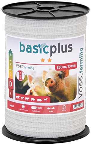 VOSS.farming 1250m Weidezaunband, 10mm, 4x0,16mm NIRO, Weiß, Band-Verbinder, Warnschild Elektrozaun Weideband Pferde, Ponys, Rinder, Hunde, Schweine Band