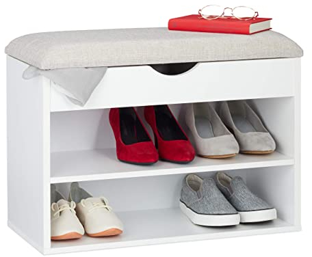 relaxdays Panca con Scarpiera, Seduta Imbottita, 3 Scomparti, Apribile, Porta Scarpe con Panchetta, 45x62x30 cm, Bianca