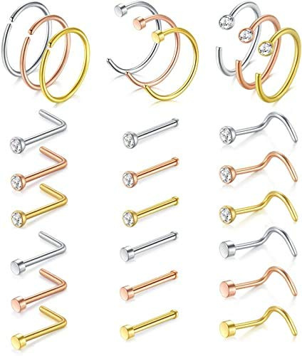 incaton Nose Stud 20G Stainless Steel Diamond Nose Piercing -L Shaped Bone Screw CZ Heart Flat Top Nostril Clear Piercing Jewelry for Work School Unisex