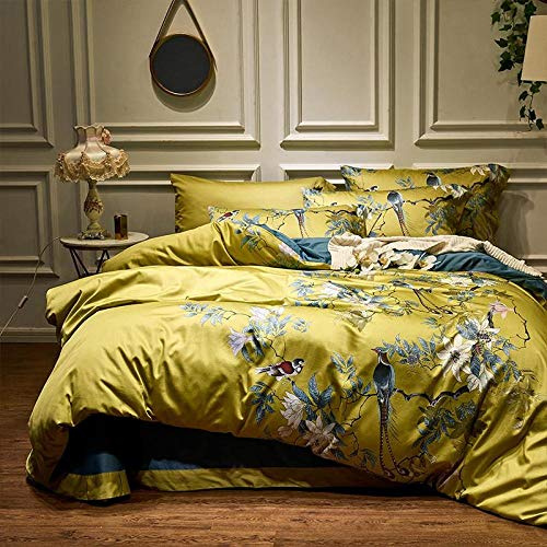 geek cook Bedding 4 piece comforter,Silky Egyptian cotton Yellow Chinoiserie style Birds Flowers Duvet Cover Bed sheet Fitted sheet set King Size Queen Bedding Set-bedding set 14_King size 4pcs