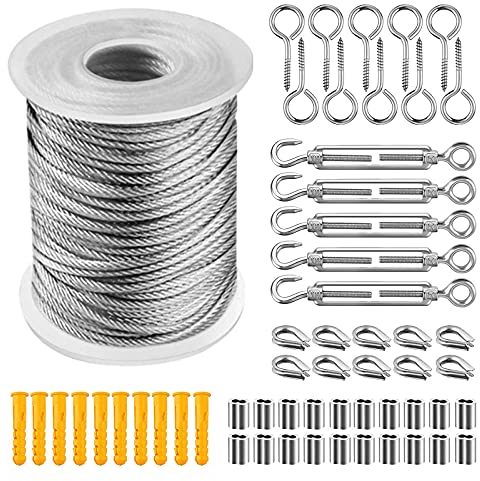 Cable De Acero Kit SuspensióN De Cuerda, Cuerda De Alambre De Acero Inoxidable Revestido De Pvc,Tensores Para Cables, Cable De Acero Plastificado, Para Colgar Luces De Cadena,Fotos,JardíN (50m)