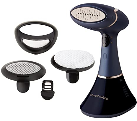 Russell Hobbs Plancha Vertical de Vapor Steam Genie Aroma - 1800 W, Placa Cerámica, 4 Accesorios: Tejidos Delicados con Difusor de Aroma, Tapicerías y Quitapelusas, Apagado Automático, Azul - 28041-56