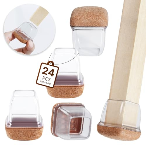 RCHYFEED 15-18mm Stuhlbeinkappen mit Filzpolstern Transparente Silikon, 24 STK Elastische Schutzkappen für Stuhlbeine Eckig Gummi Stumm & Kratzfest, Stuhlbeinschoner mit Filz 0,75'' Filzgleiter