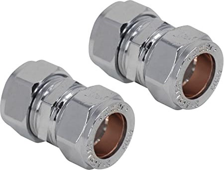 Pipestation Connettori dritti a compressione da 15 mm, confezione da 2, raccordi idraulici a compressione cromati, per tubi idraulici in rame, raccordi per tubi idraulici, facili da installare