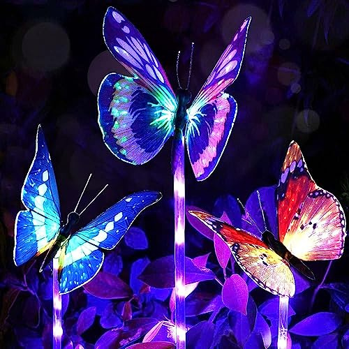 GEEKEO Schmetterling Solarlampen für Außen Garten Deko,3 Stück Schmetterling Solarleuchten Solar Garten Licht Farbe Ändern LED Licht Faseroptik Beleuchtung Draussen Partydekorationen