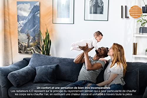 ILO/Radiador eléctrico radiante soplador de pared /1250 W/+28 diseños, diseño único/extra plano de vidrio templado / IP44/Vertical/Programable, silencioso/Made In France/Zen Montaña