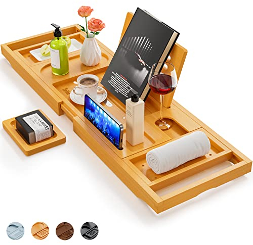 Yirilan Bambus Badewannentablett, Faltbare Premium Badewannenablage, verstellbares Badewannenbrett mit Buchablage, ausziehbares Holztablett Badewannenablage - passend für die meisten Badewannengrößen