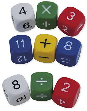 TimeTEX Set Mathe-Würfel mit den Zahlen 1-12 und Rechenzeichen - 10 Würfel - aus Kunststoff - 16 mm - 93559