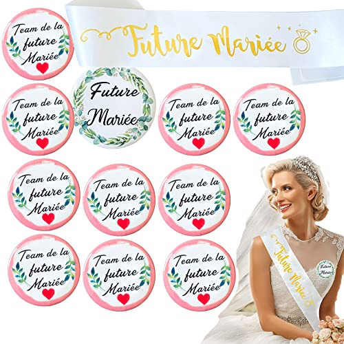 14pcs Accessoire EVJF Cadeau Future Mariée Badge mariée+12pcs Badges Team Mariée+Écharpe Future Mariée Décorations Enterrement de Vie de Jeune Fille,Bride to Be Team Bride,Écharpe Déguisement EVJF