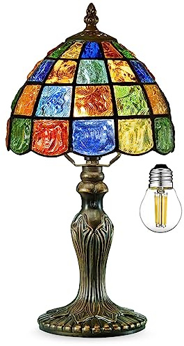 Nizrsky Small Tiffany Lamp Stained Glass Table Lamp Crystal Square Style,8 Inches Wide Lamp Shade Tiffany Style Night Light,15.7 Inches Tall Vintage TLamp for Bedroom Bedside