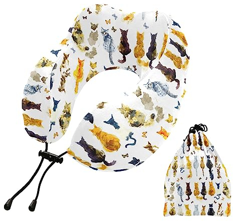 linqin Reisekissen, Memory Foam Reise-Nackenkissen Katzen Schmetterlinge Ergonomische Nackenstütze Tragbares Flugkissen mit Aufbewahrungstasche für Schlafruhe, Auto, Arbeit, Heimgebrauch