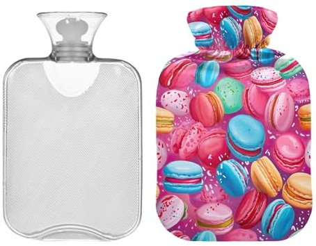 Bunte süße Macarons Wärmflasche Tasche mit Bezug, 1 l, Warmwasserbeutel, Warmwasser-Bettwärmer für Nacken, Schultern und Beine, Schmerzlinderung, Menstruationsbeschwerden
