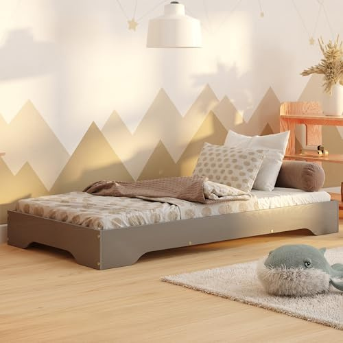 smartwood Kinderbett 90x200 cm mit Lattenrost, aus Holz, Grau, TILA 7 | Montessori Bodenbett, Einstiegshöhe 18 cm, Belastbar bis 230 kg, FSC-Kiefernsperrholz, abgerundete Kanten, Einfache Montage