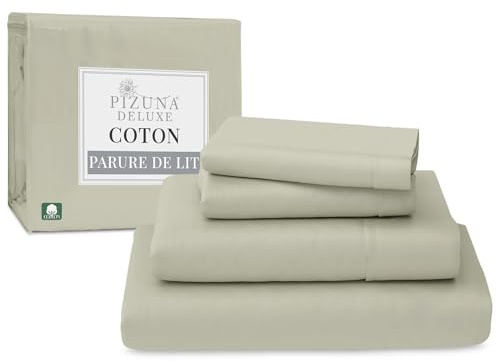 Pizuna 100% Coton Parure de Lit 140x200 cm Argent, 600 Fils | Tissu de Satin de Coton Comprend 1 Drap Housse, 1 Drap Plat, 2 Taie d'oreiller (Coton Draps 2 Personnes)