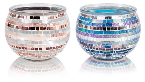 Toptime Teelichthalter 2er Set, Mosaik Kerzenhalter Glas für Teelichter, Handgefertigte Teelichtgläser mit Spiegelglas, Romantische Rosegold und Blau Windlicht für Geburtstage, Hochzeit, Weihnachten