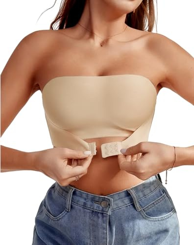 Varsbaby Soutien-Gorge Bandeau Femme sans Bretelles, Anti-dérapant Silicone, Brassière Tube Élastique sans Rembourrage(D452-Beige-XL