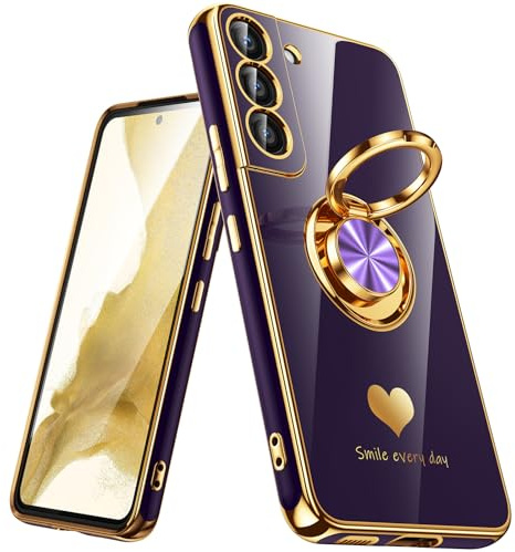 Nonional for Samsung Galaxy S22 5G Case, 360° Rotatable Ring Holder [Luxury Hearts Pattern] Plating Gold Edge Slim Soft Phone Cover Case for Galaxy S22 - Purple