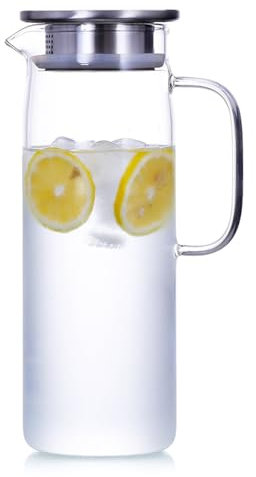 LTHERMELK Jarra de cristal de 1,5 l, jarra con tapa y boquilla, 1,5 litros de agua fría o caliente, jarra para té helado casero y zumo