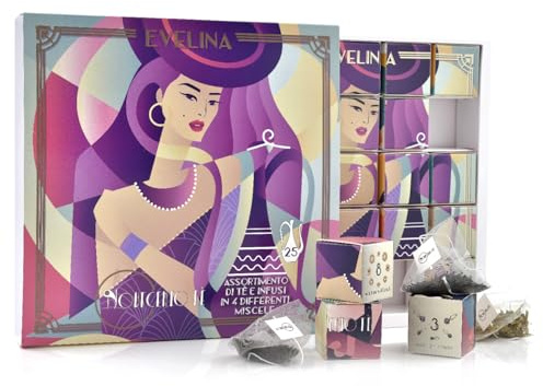 Novecento Tè Evelina - Confezione regalo per tisane, tisane assortite, 4 gusti: tè nero, tè oolong, tè verde, infuso di citronella, 25 infusi per infusione, confezione regalo per tè