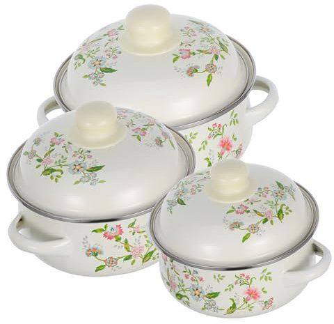Ciieeo 3pcs Enamelware Small Stock Pot Lid Retro Flower Design for Stovetop Cooking Pot Kitchen Use