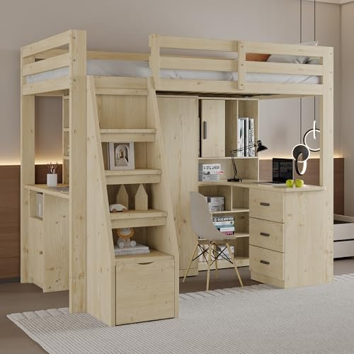 KecDuey Hochbett 90 x 200 cm, Jungenbett mit Arbeitstisch Regalen und Schränken, Sicherheitskletterleiter mit Stauraum, Stauschubladen, Einzelbett,Kinderbetten, Massivholzrahmen Holzfarbe