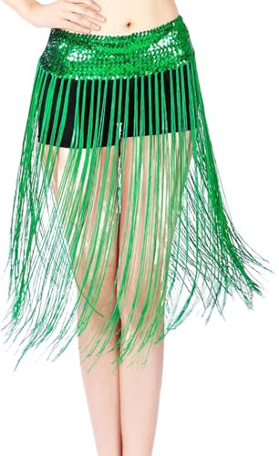 Tytyozay Bauchtanz-Hüfttuch Für Erwachsene Mit Glitzer-Pailletten, Boho-Quastenrock Hüftgürtel Rave-Musik-Festival-Kostüm Für Frauen Und Mädchen,Grün,one Size