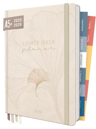 Häfft® Lehrer-Planer 2025/2026 A5 + Beige Ginkgo Hardcover Lehrerkalender/Schuljahresplaner mit 236 Seiten, Stickern und mehr - nachhaltig & klimafreundlich