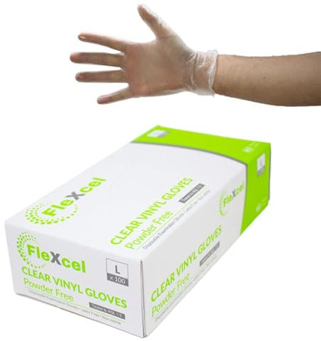 FleXcel Vinyl Gloves, Powder Free, Medical Grade, Food Safe, Latex Free, Box of 100 (Clear, Extra Large)