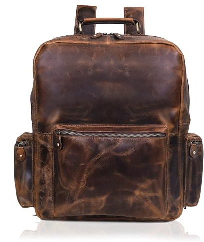 Levinson Leather Classic Vintage Buffalo Leather Backpack 14, Laptop Bag Multi Pockets Rucksack Casual Travel Daypack, Dark Brown